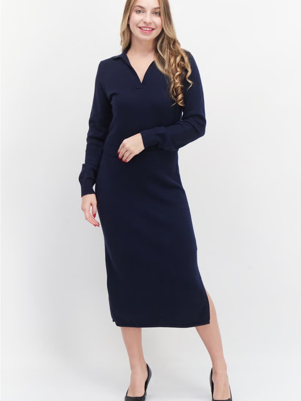 41 Hawthorn Classic Navy Collared Knit Midi Dress